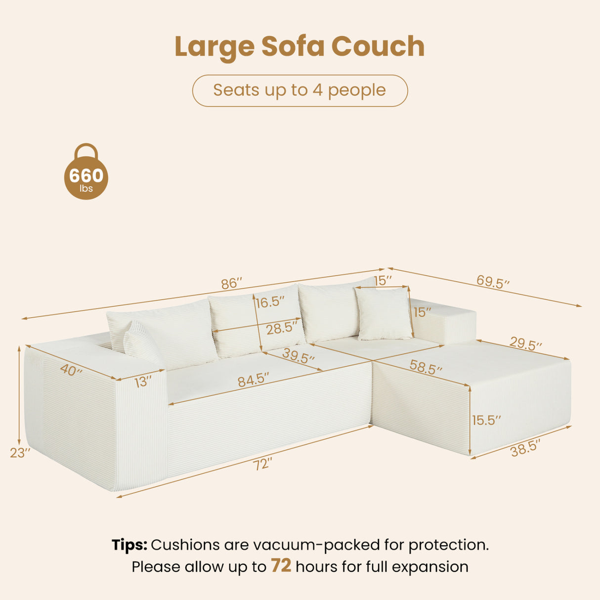 Modular Sectional Sofa Corduroy Upholstered L-shaped Sofa Couch with Deep Seats-Beige