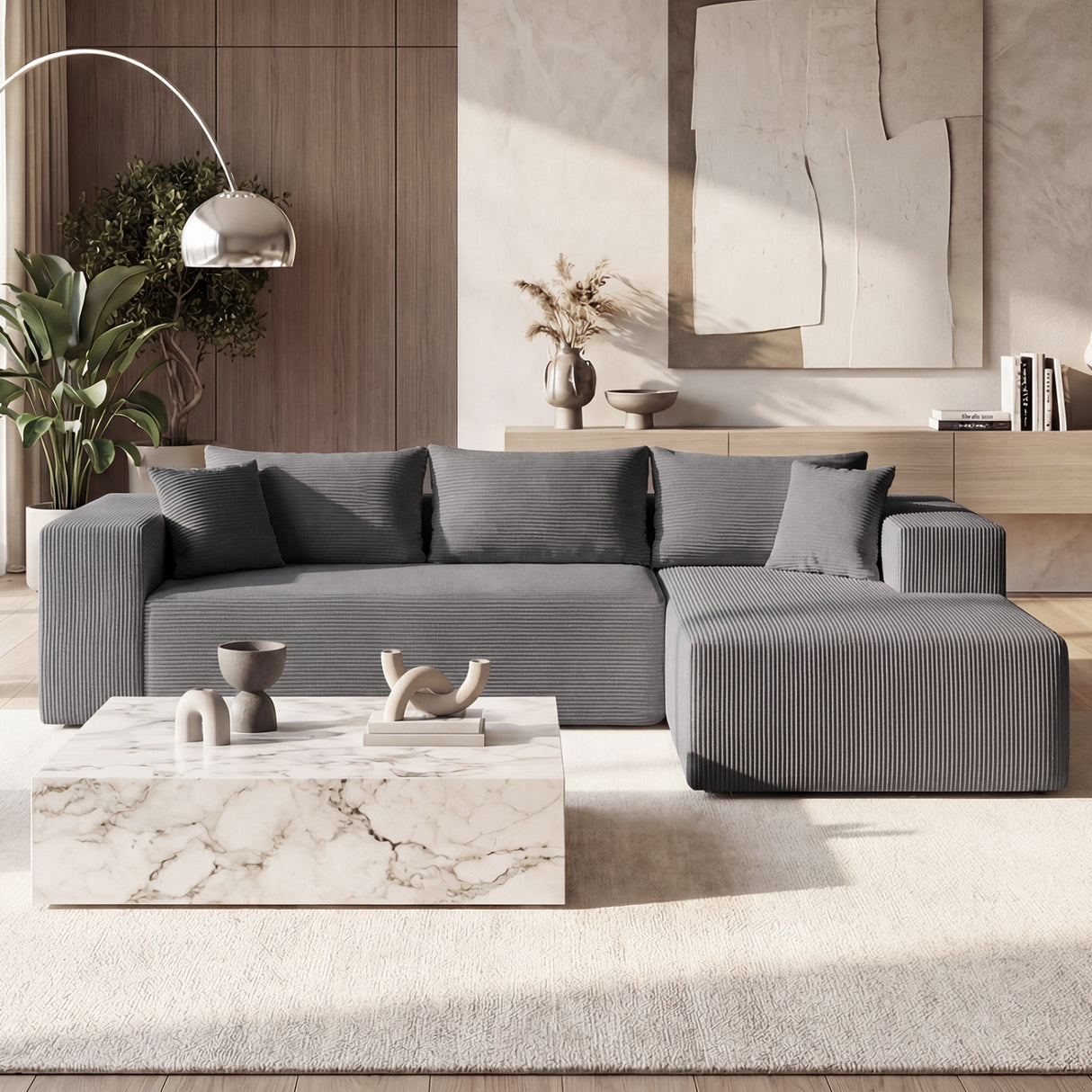 Modular Sectional Sofa Corduroy Upholstered L-shaped Sofa Couch with Deep Seats-Gray