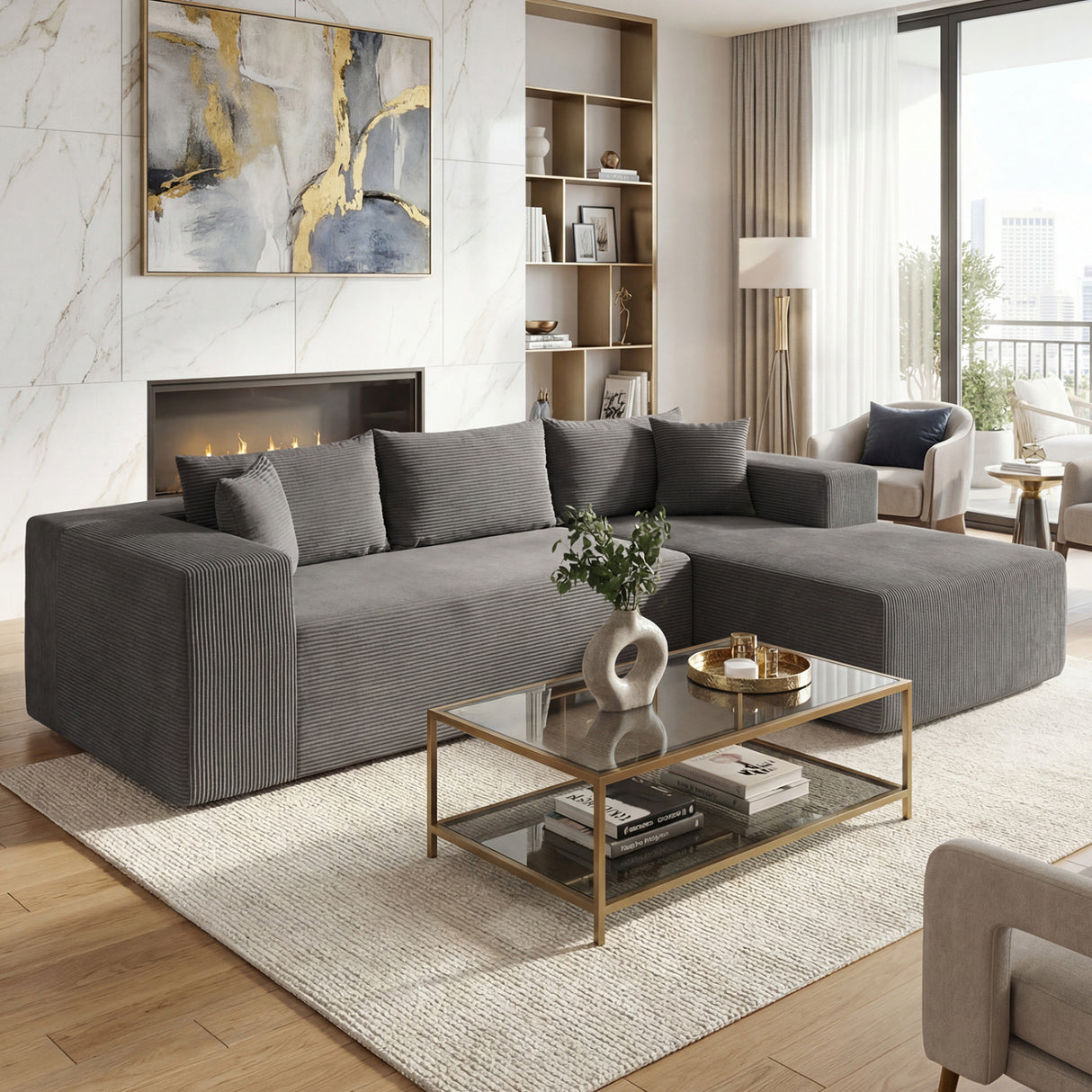 Modular Sectional Sofa Corduroy Upholstered L-shaped Sofa Couch with Deep Seats-Gray