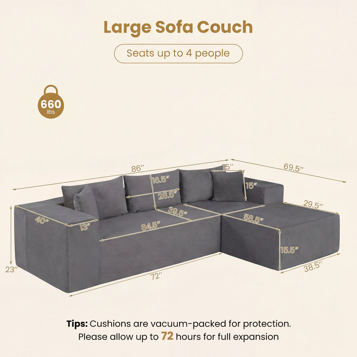 Modular Sectional Sofa Corduroy Upholstered L-shaped Sofa Couch with Deep Seats-Gray
