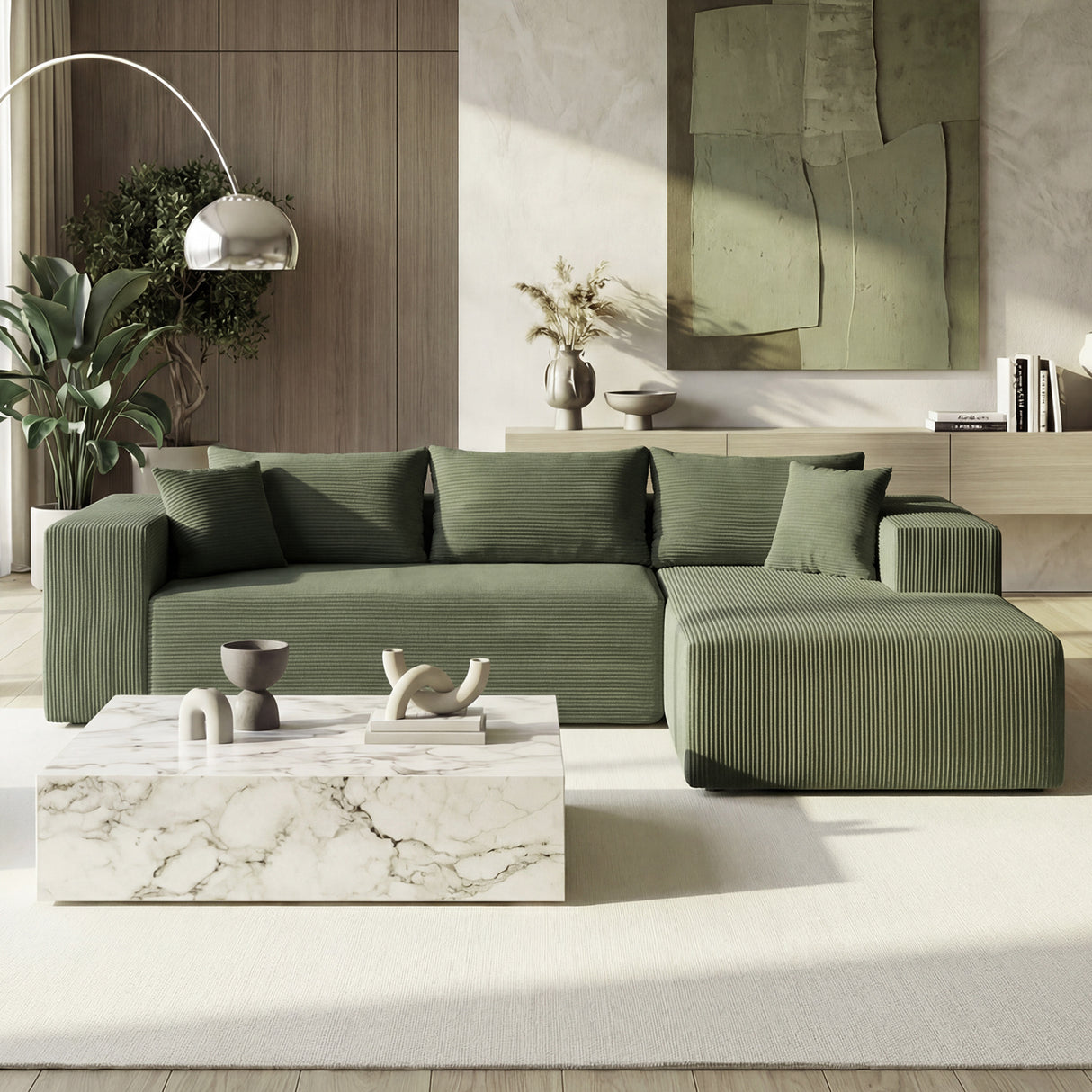 Modular Sectional Sofa Corduroy Upholstered L-shaped Sofa Couch with Deep Seats-Green