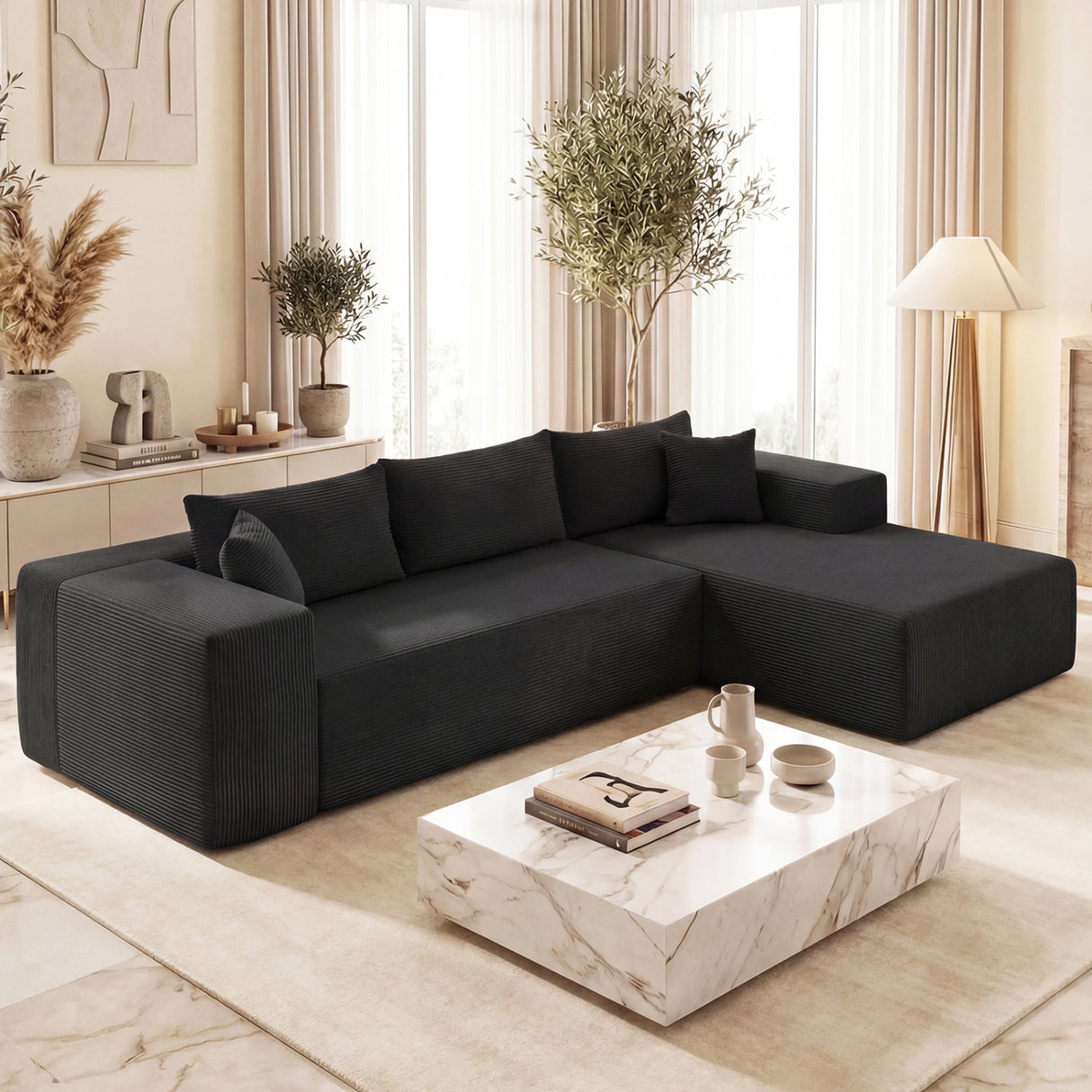 Modular Sectional Sofa Corduroy Upholstered L-shaped Sofa Couch with Deep Seats-Black