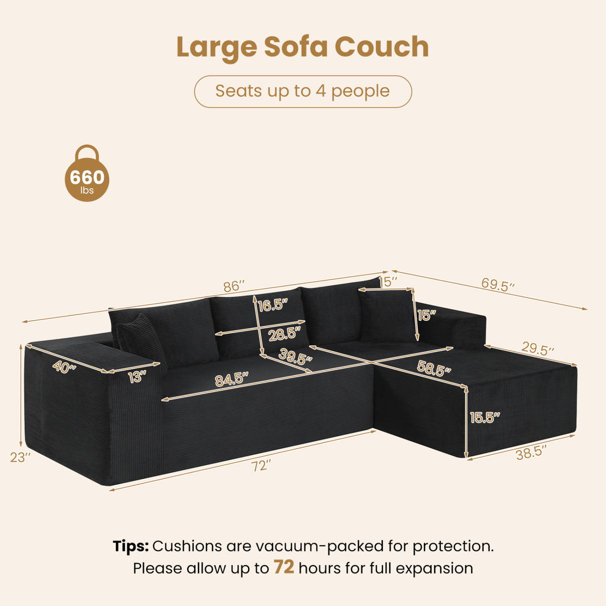Modular Sectional Sofa Corduroy Upholstered L-shaped Sofa Couch with Deep Seats-Black