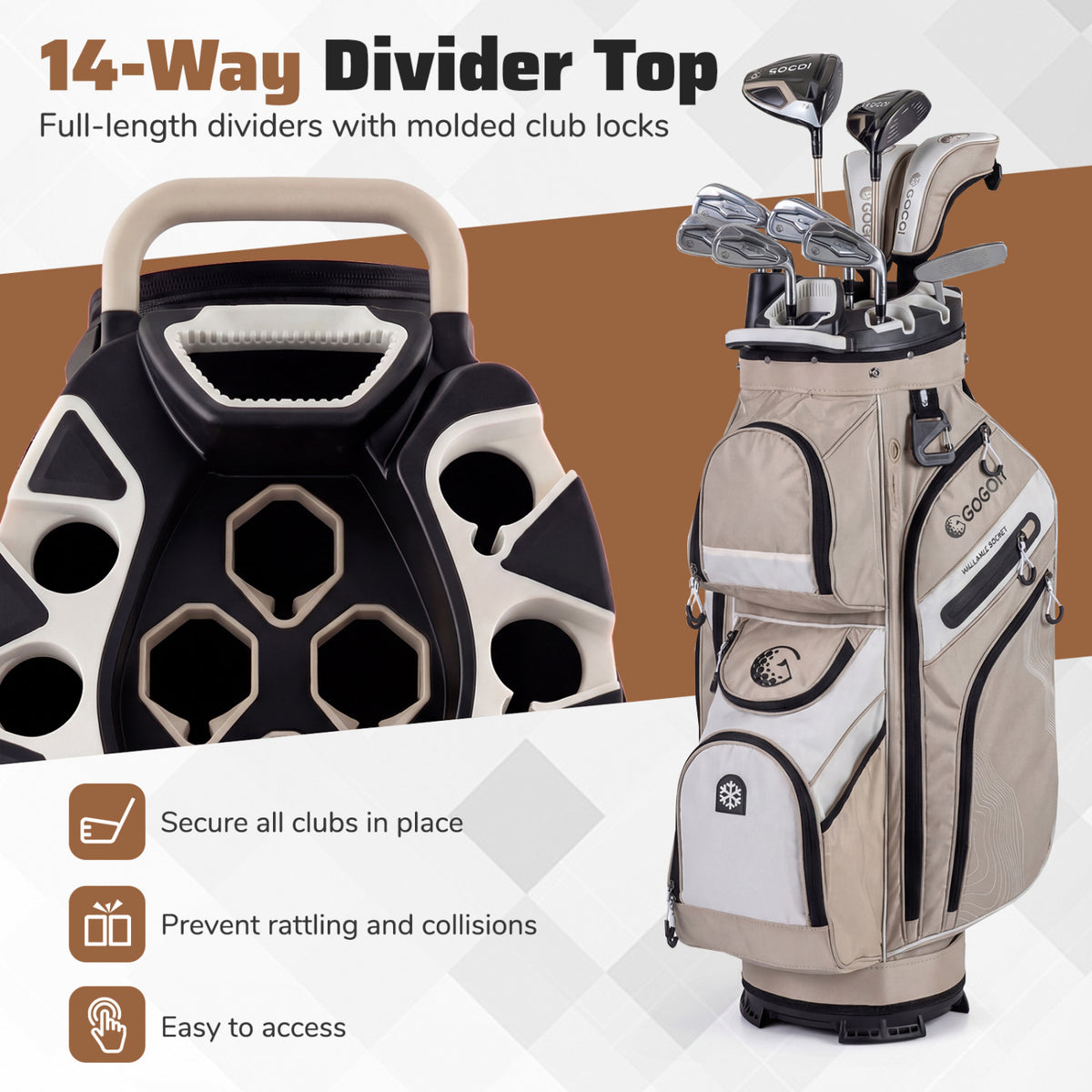 Molded Lock Top Golf Cart Bag with 14-Way Full Length Dividers and 11 Pockets-Khaki