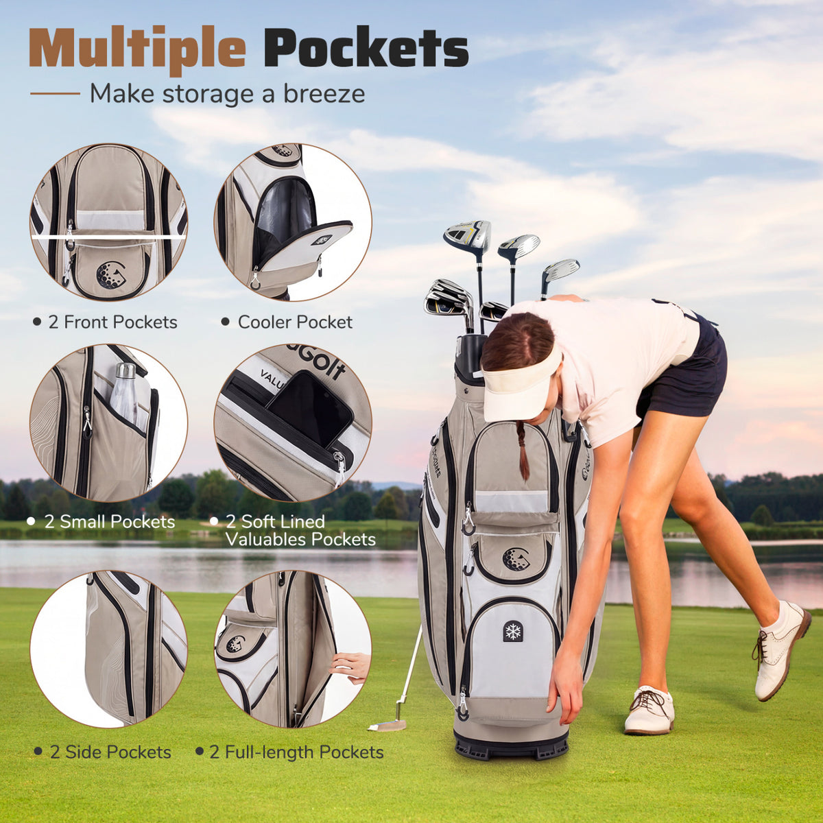 Molded Lock Top Golf Cart Bag with 14-Way Full Length Dividers and 11 Pockets-Khaki