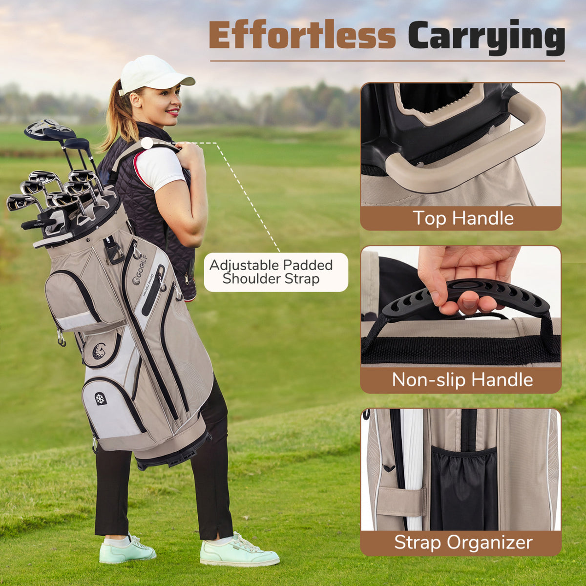 Molded Lock Top Golf Cart Bag with 14-Way Full Length Dividers and 11 Pockets-Khaki