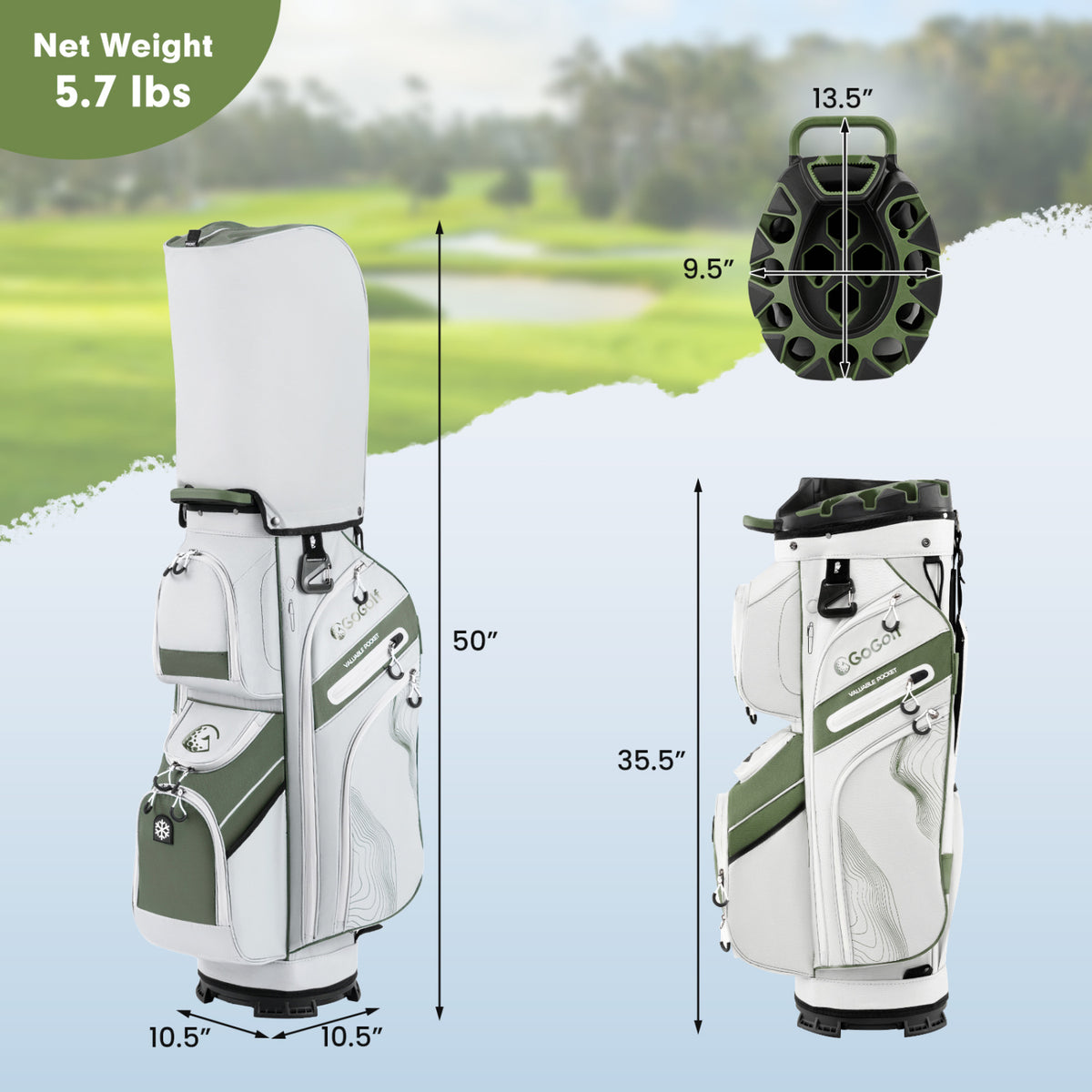 Molded Lock Top Golf Cart Bag with 14-Way Full Length Dividers and 11 Pockets-Green