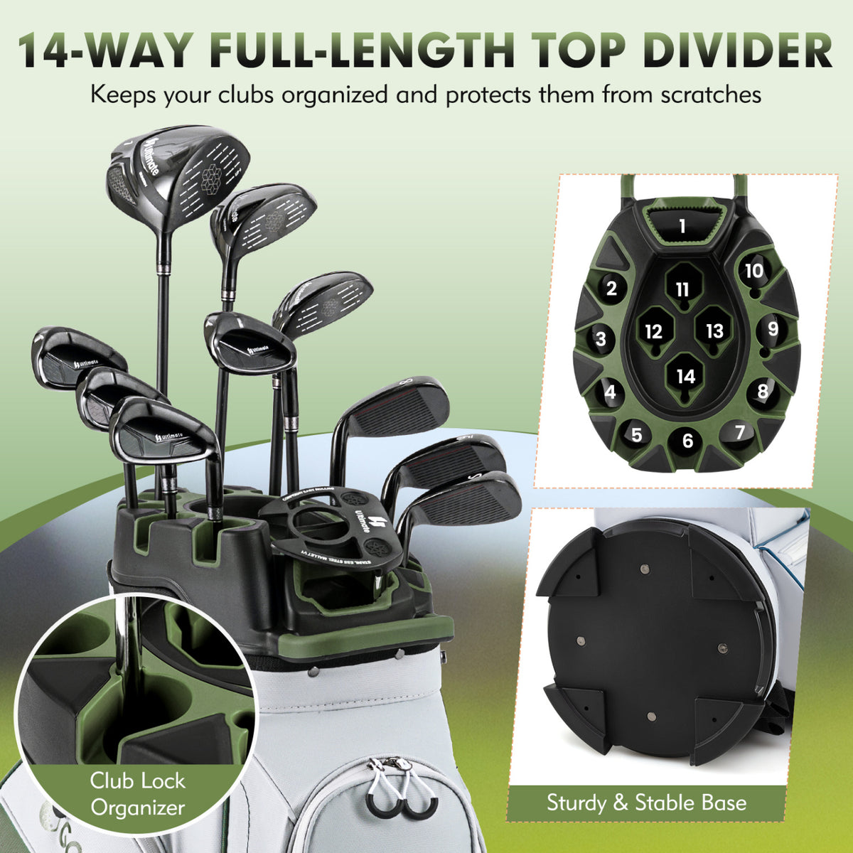 Molded Lock Top Golf Cart Bag with 14-Way Full Length Dividers and 11 Pockets-Green