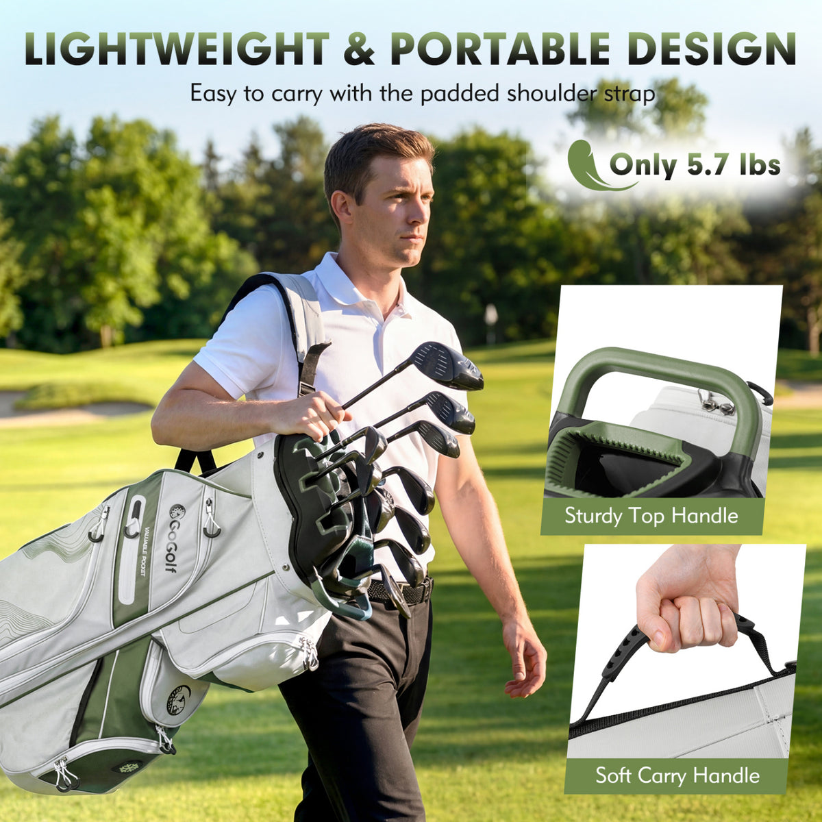 Molded Lock Top Golf Cart Bag with 14-Way Full Length Dividers and 11 Pockets-Green