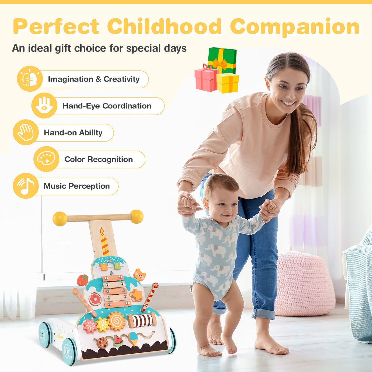 Wooden Baby Walker with Adjustable Heights and Smooth Wheels-White