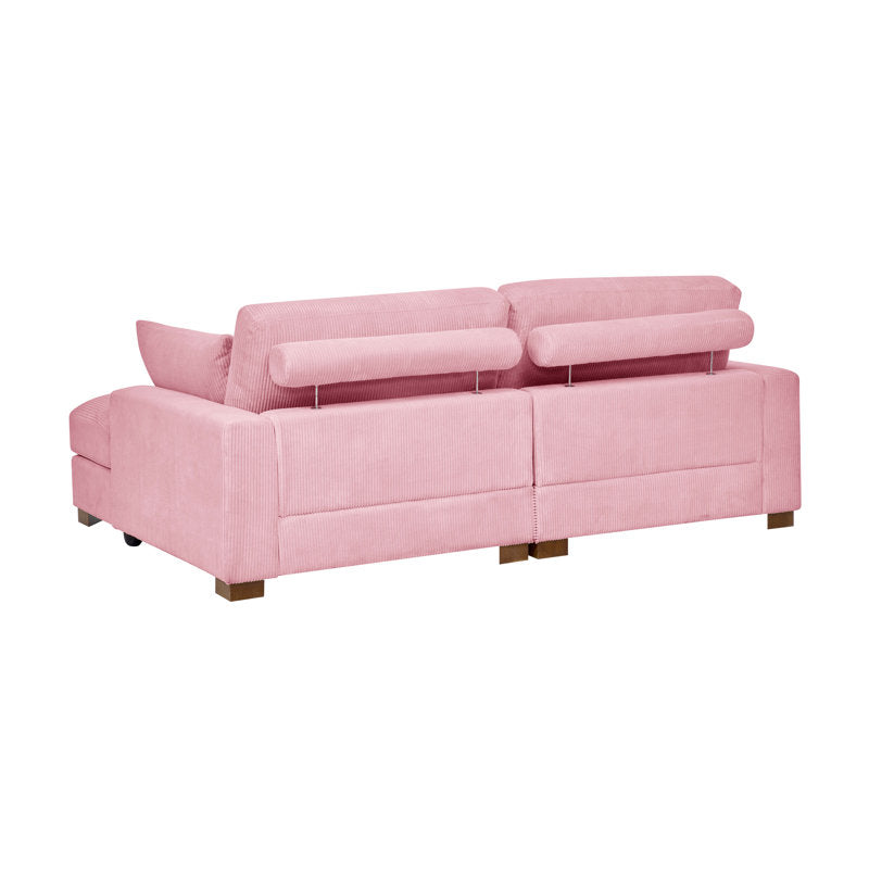 The Etta Avenue Mordecai 90'' Square Arm Sofa in pink corduroy showcases a modern design with adjustable backrests, viewed from the back and elevated elegantly with wooden legs.