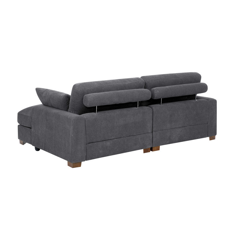 The Etta Avenue Mordecai 90'' Square Arm Sofa in gray features an L-shaped sectional design, adjustable headrests, wooden legs, and a plush appearance. This view showcases the sofa from the back angle.