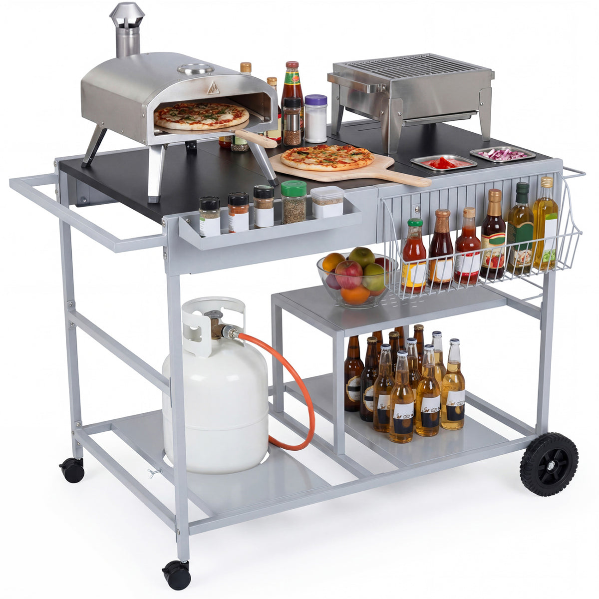 Movable Grill Table with 2 Spice Containers and Station for Backyard and BBQ-Black