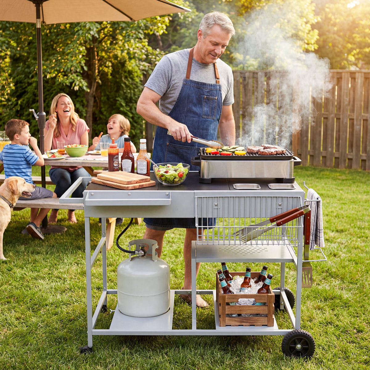 Movable Grill Table with 2 Spice Containers and Station for Backyard and BBQ-Black