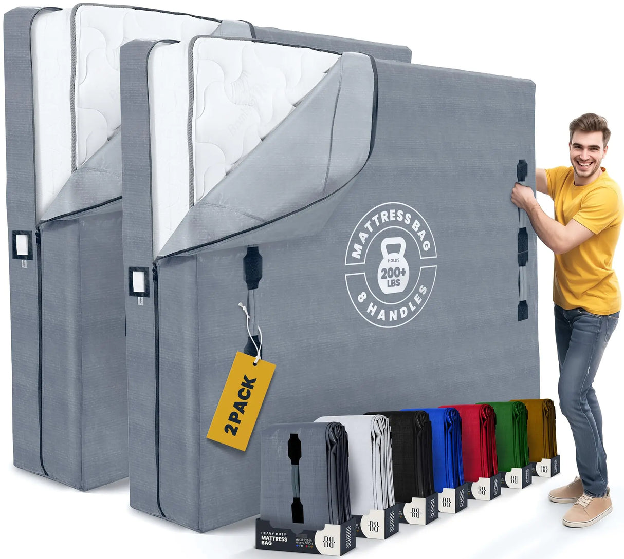 Mattress Bags for Moving with 8 Handles - Extra-Thick Mattress Bag for Moving - Reusable Mattress Storage Bag - Mattress Cover for Moving with Zipper Moving Mattress Bag Protector (Queen - 2 Pack