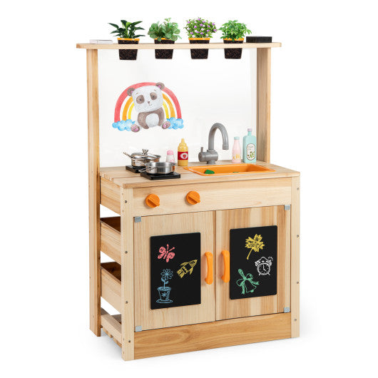 Kids Mud Kitchen Fir Wood Playset with Planting Pots and Blackboards-Natural