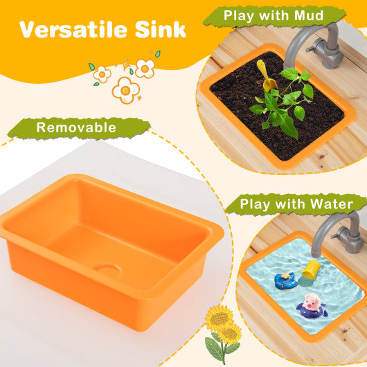 Kids Mud Kitchen Fir Wood Playset with Planting Pots and Blackboards-Natural