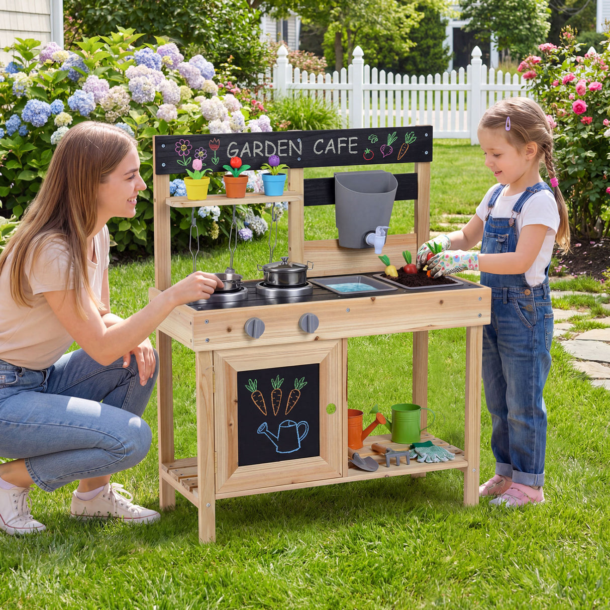 Mud Kitchen Playset Kids Play Kitchen Outdoor with 2 Removable Sinks-Natural