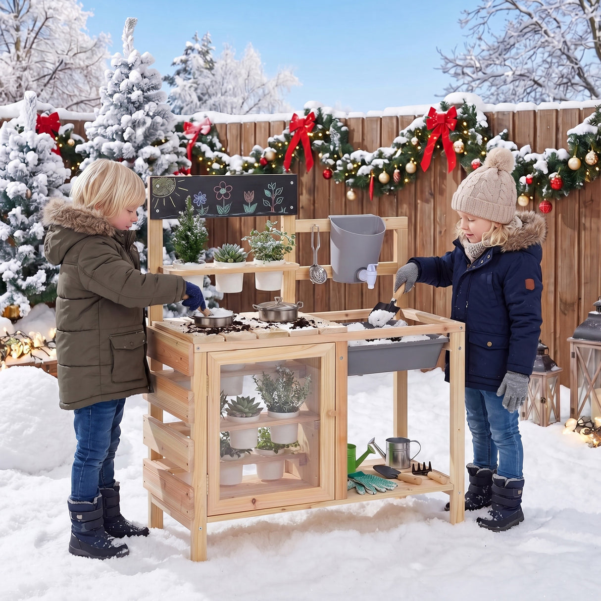 Mud Kitchen Playset with Sink and Plants Observation Room-Natural