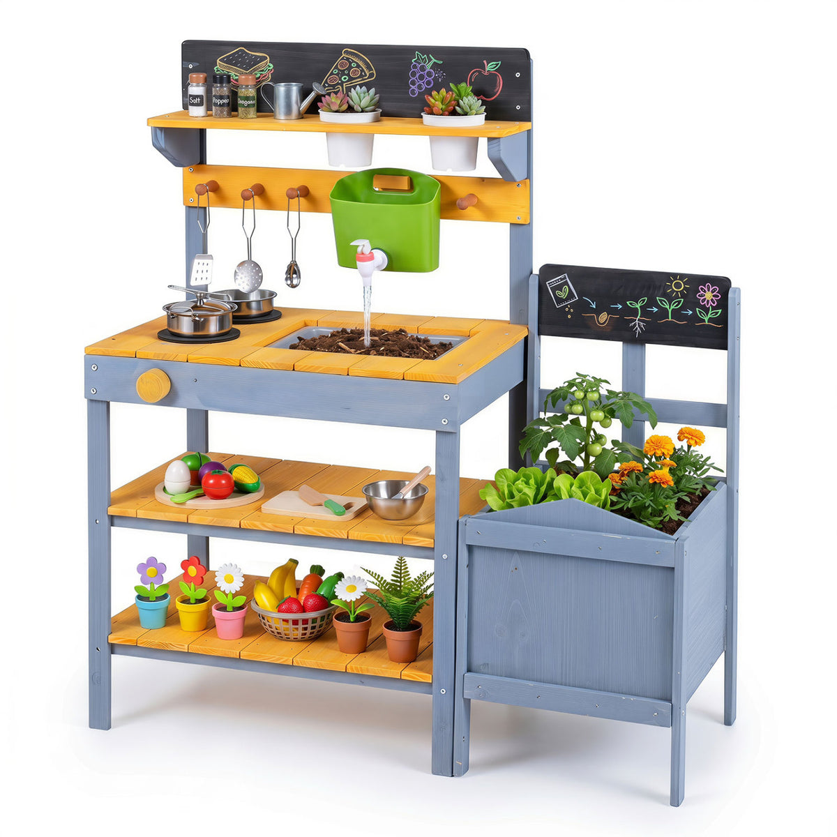 Mud Kitchen Set for Kids with Running Water Reservoir and Plant Pots for 3+-Yellow