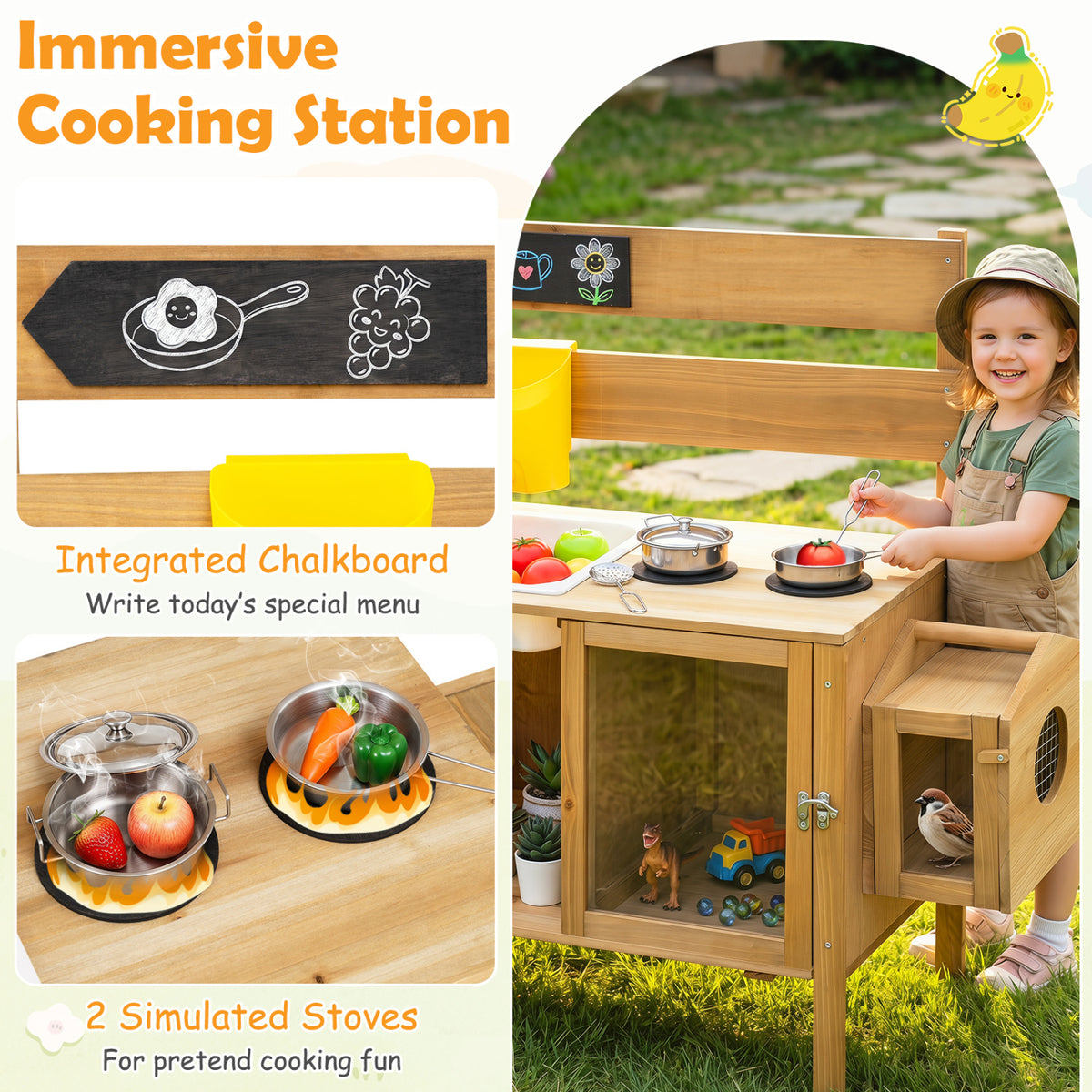 Mud Kitchen for Kids with Detachable Bird Cage and Stoves-Natural