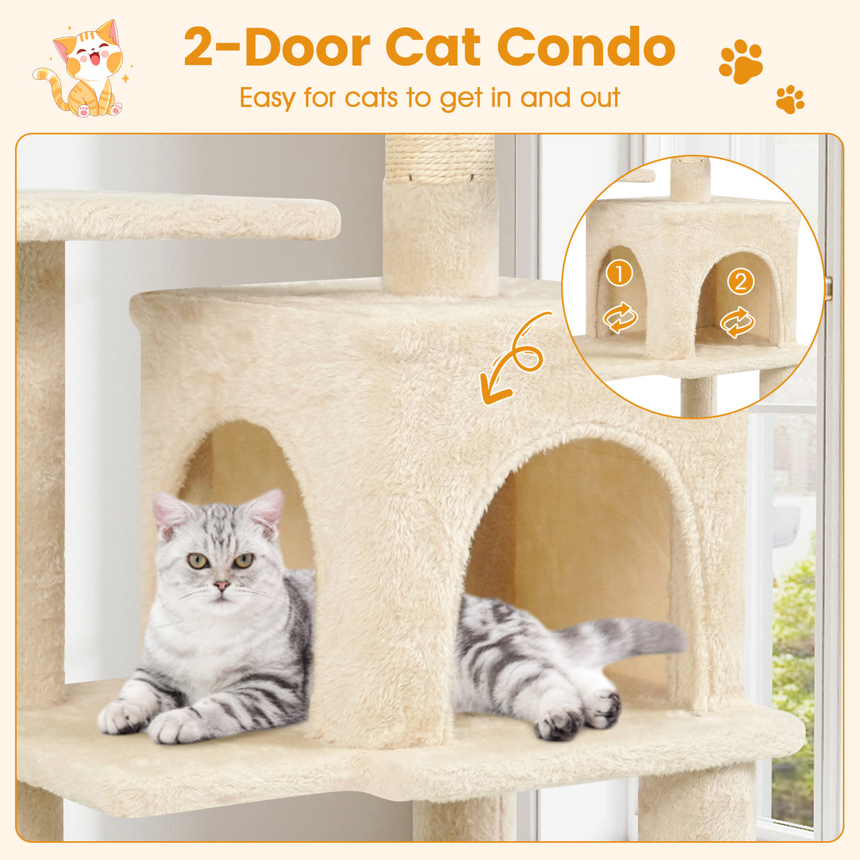 Multi-Level Cat Tower with 2-Door Condo and Padded Top Perch-Beige