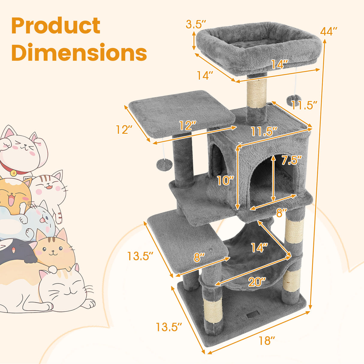 Multi-Level Cat Tower with 2-Door Condo and Padded Top Perch-Light Gray