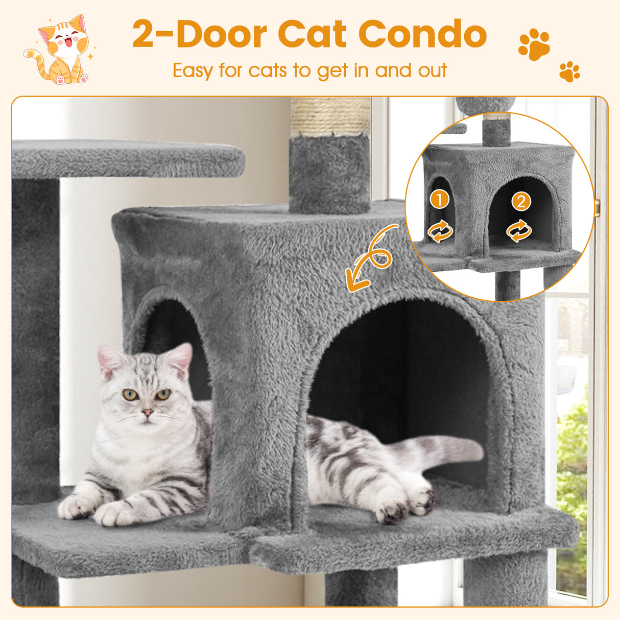 Multi-Level Cat Tower with 2-Door Condo and Padded Top Perch-Light Gray