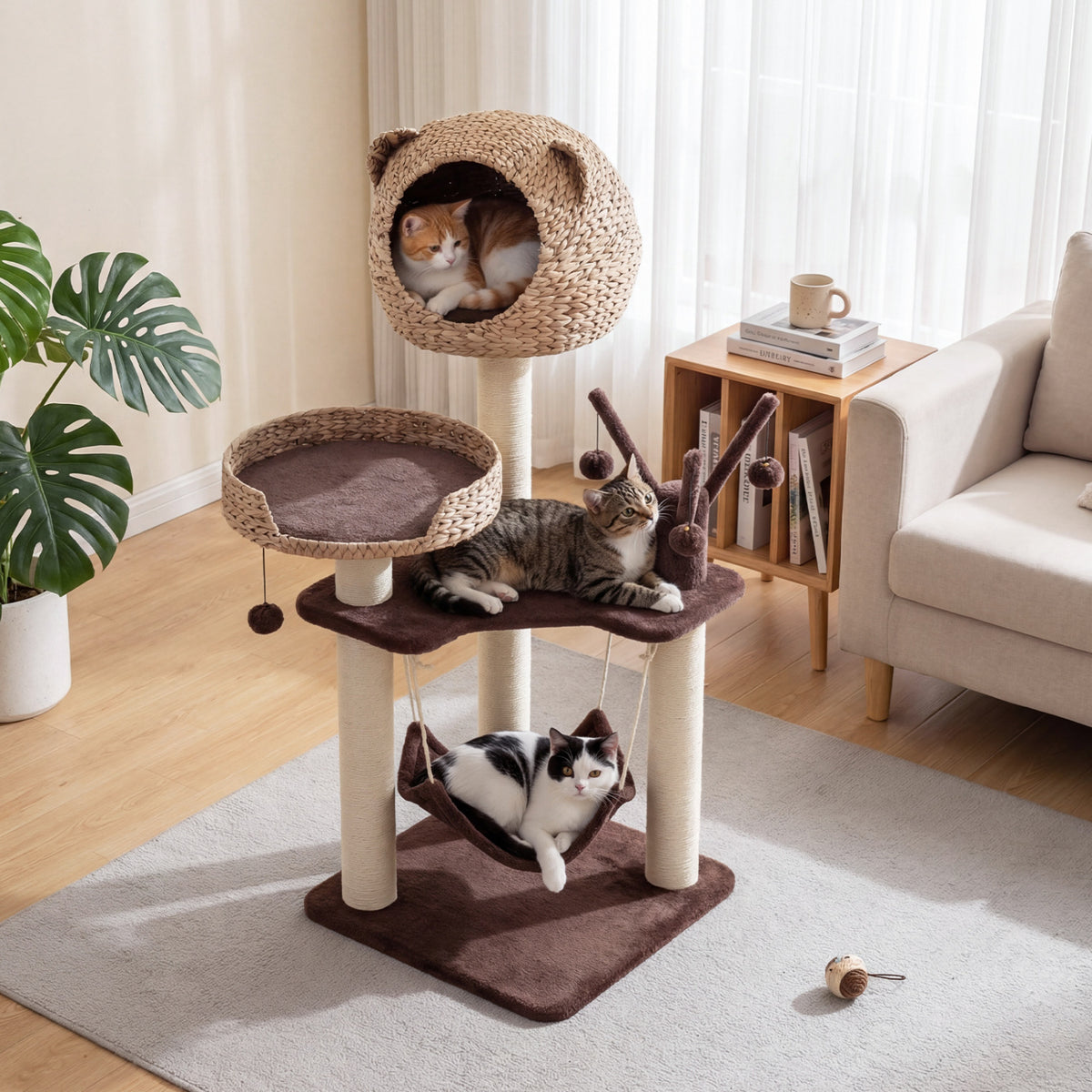 Multi-Level Cat Tree with Condo Hammock and Rotatable Hanging Balls-Brown