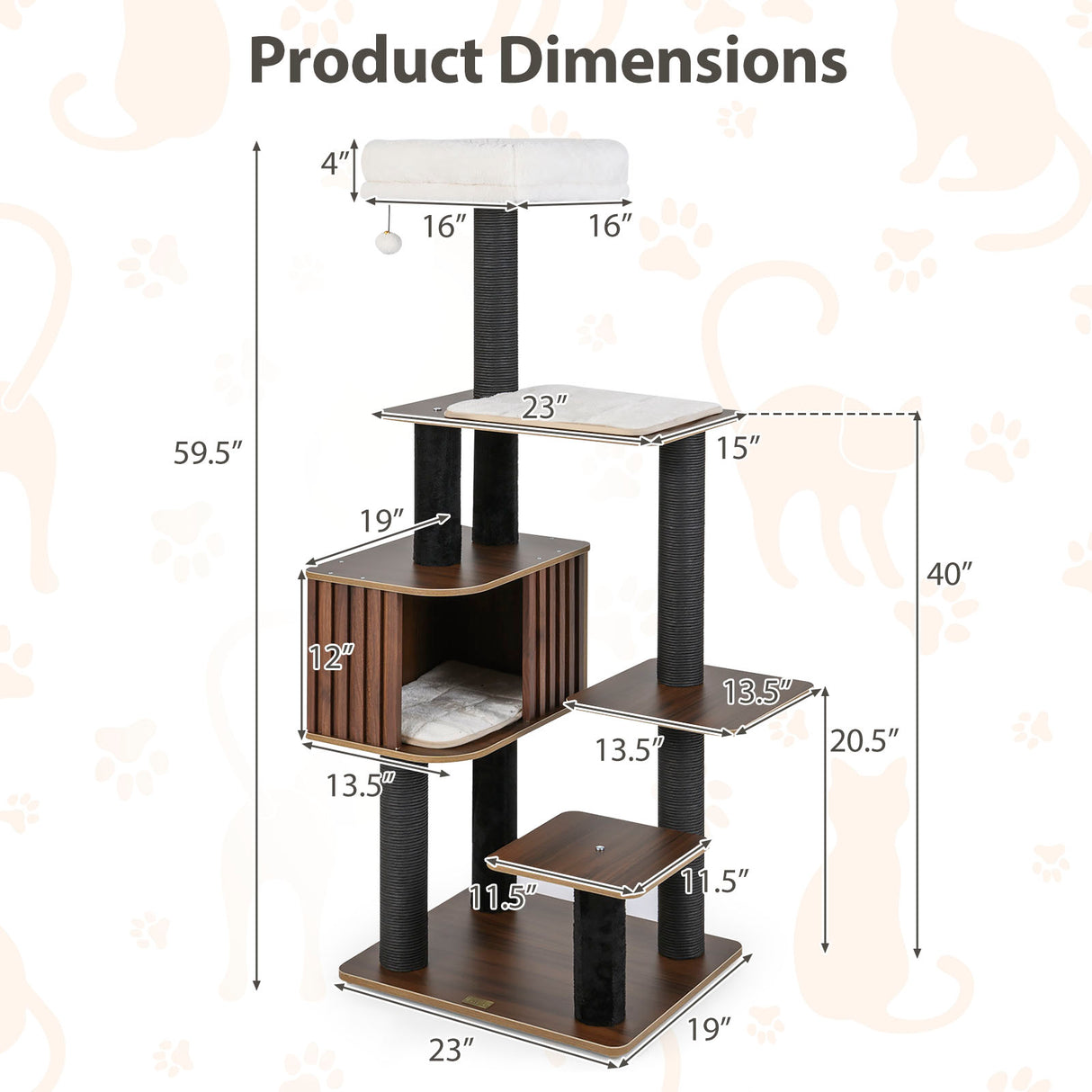 Multi-level Cat Tree for Indoor Cat 59.5 inch Tall Cat Tower with Cushion Top Perch-Brown