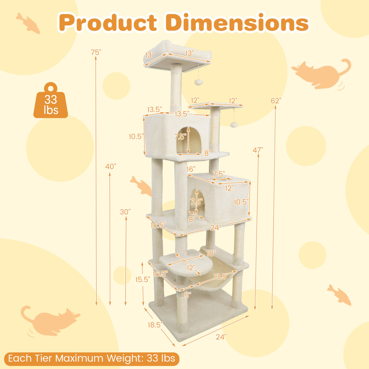 Multi-level Cat Tree Modern Cat Tower with Upholstered Perch and 2 Cat Condo-Beige