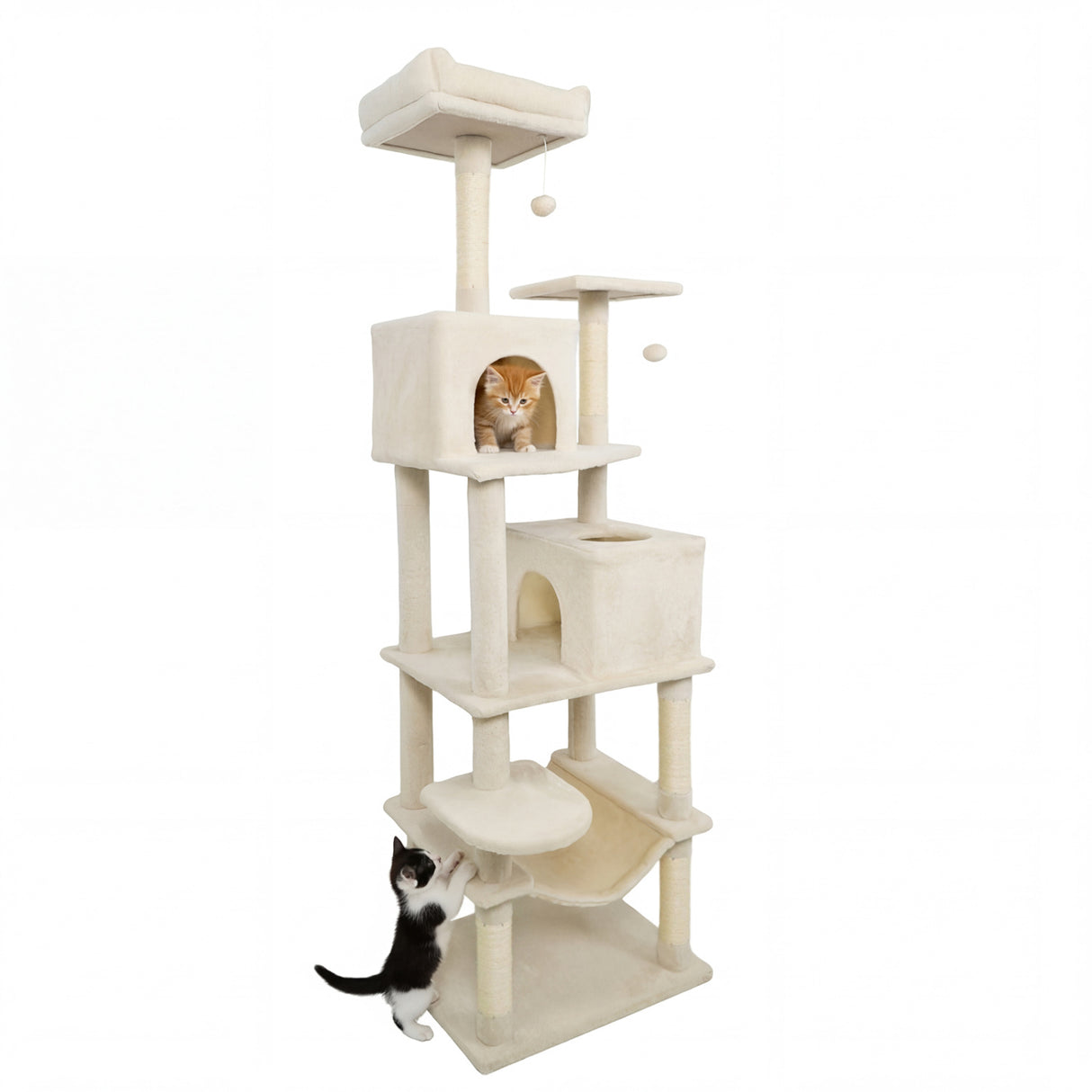 Multi-level Cat Tree Modern Cat Tower with Upholstered Perch and 2 Cat Condo-Beige