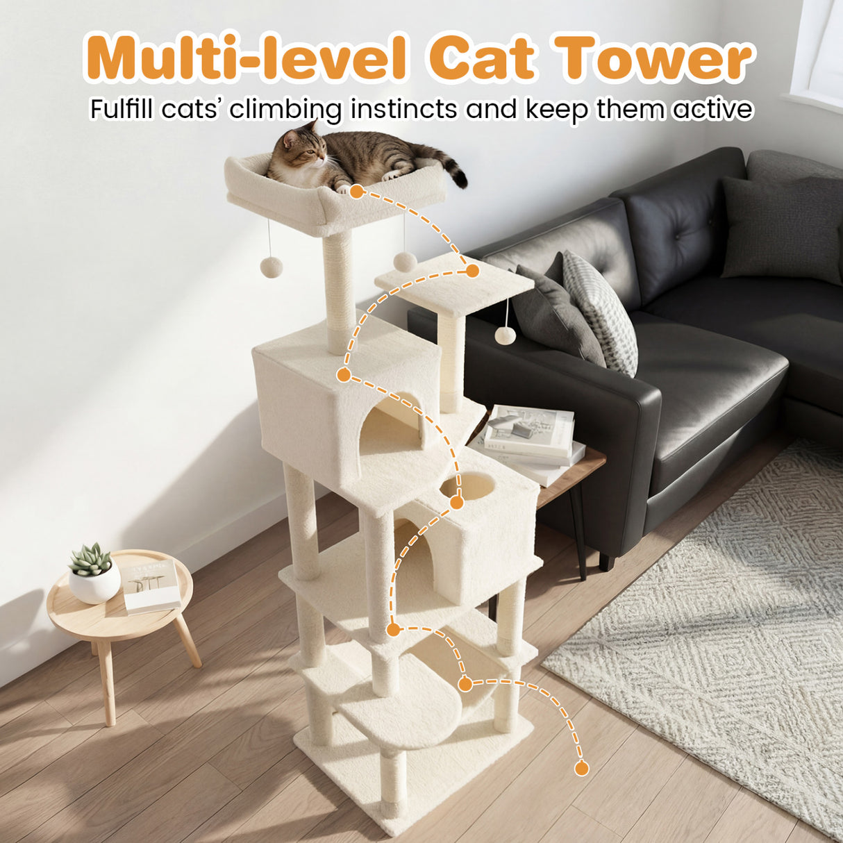 Multi-level Cat Tree Modern Cat Tower with Upholstered Perch and 2 Cat Condo-Beige