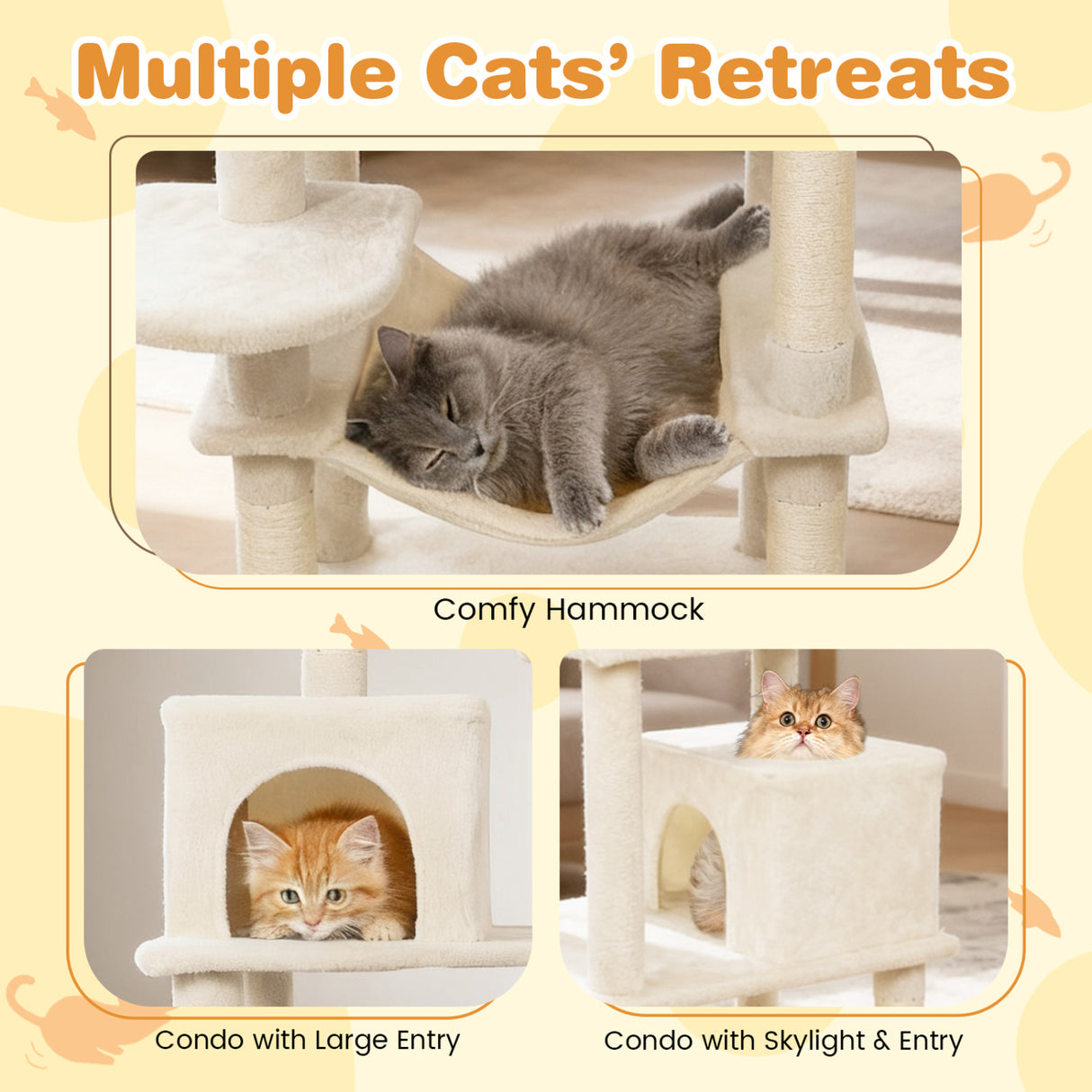 Multi-level Cat Tree Modern Cat Tower with Upholstered Perch and 2 Cat Condo-Beige