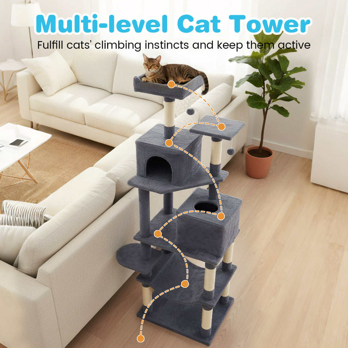 Multi-level Cat Tree Modern Cat Tower with Upholstered Perch and 2 Cat Condo-Dark Gray