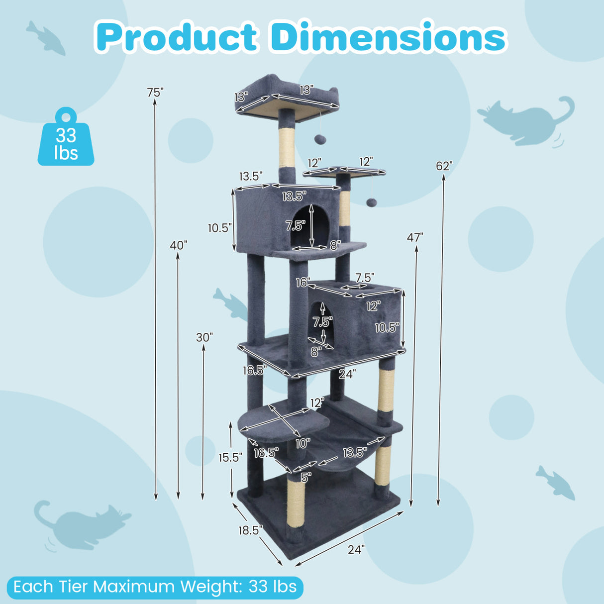 Multi-level Cat Tree Modern Cat Tower with Upholstered Perch and 2 Cat Condo-Dark Gray