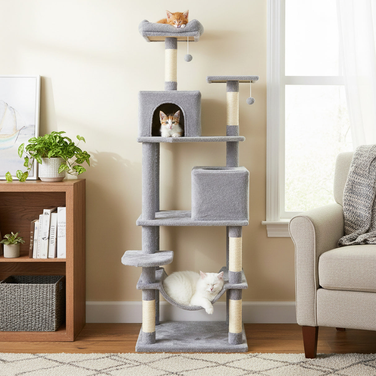 Multi-level Cat Tree Modern Cat Tower with Upholstered Perch and 2 Cat Condo-Gray