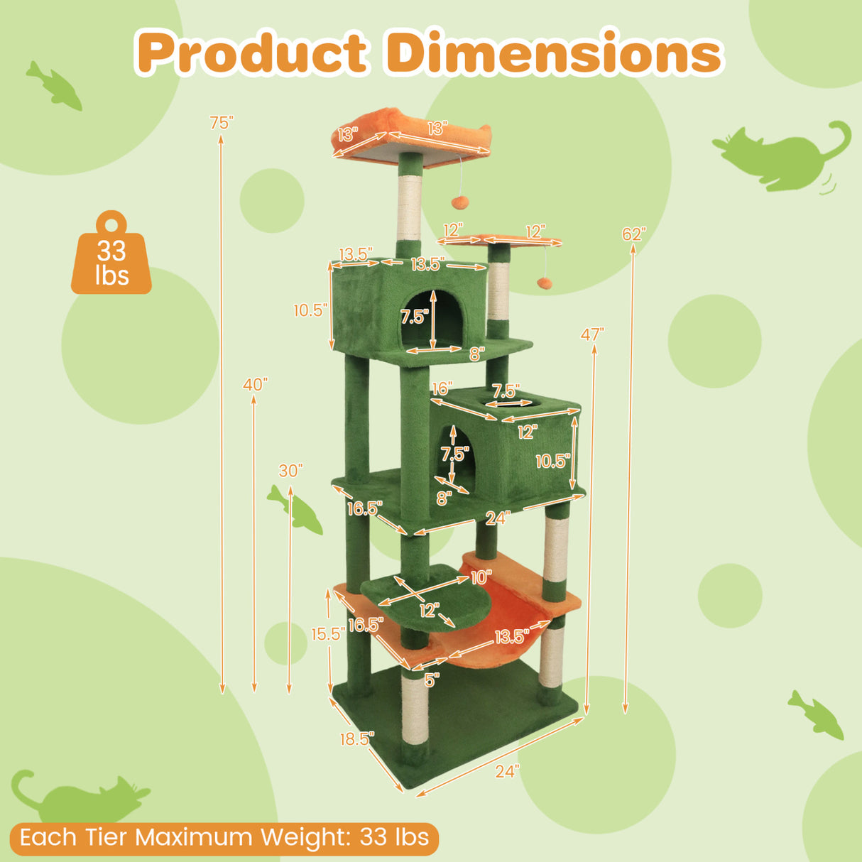 Multi-level Cat Tree Modern Cat Tower with Upholstered Perch and 2 Cat Condo-Green