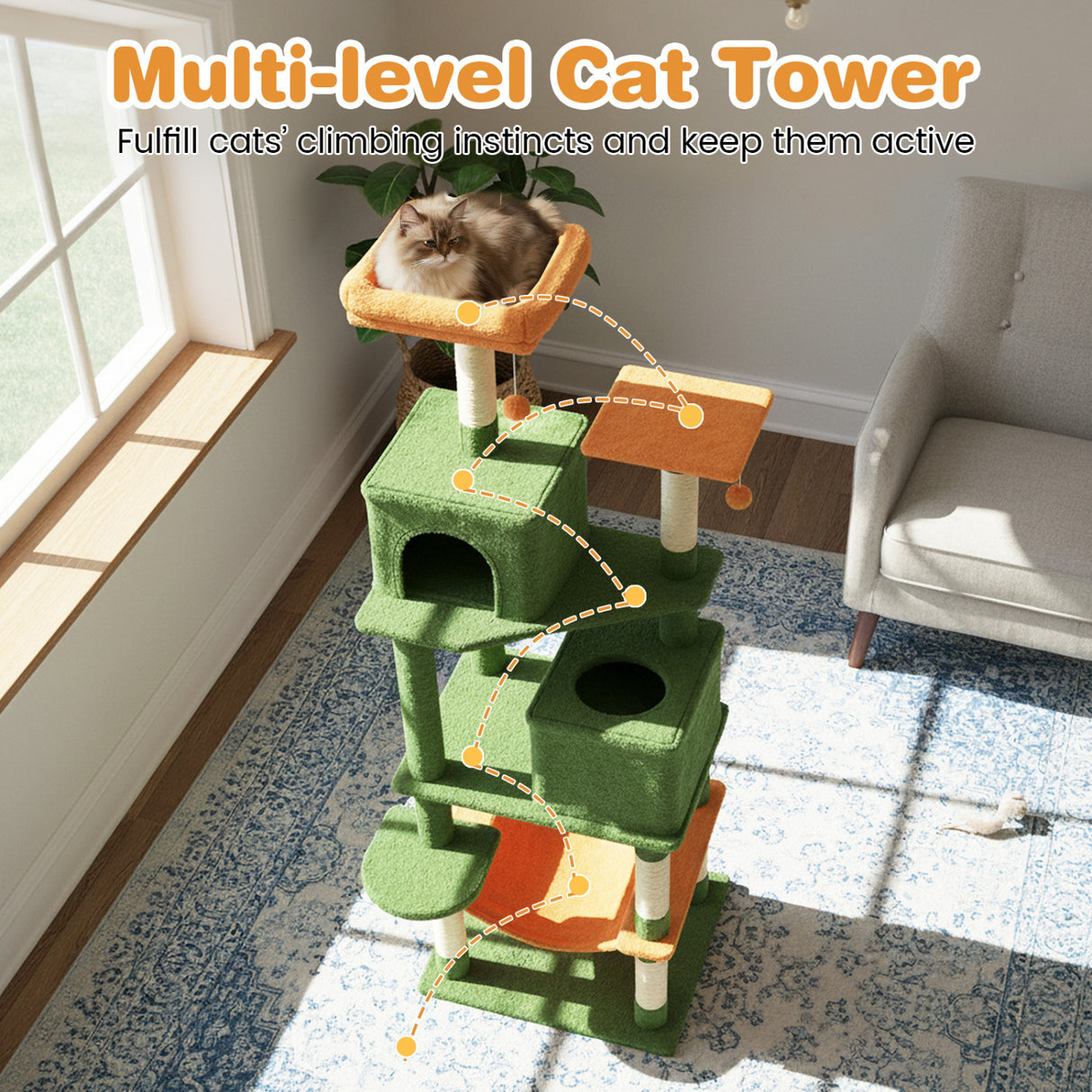 Multi-level Cat Tree Modern Cat Tower with Upholstered Perch and 2 Cat Condo-Green