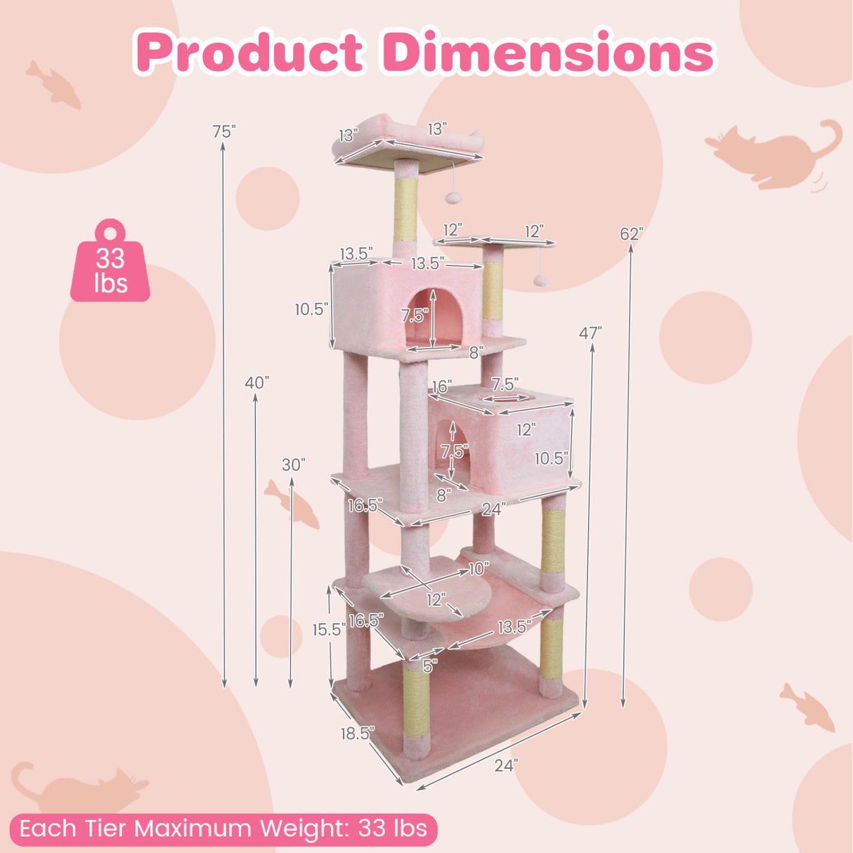 Multi-level Cat Tree Modern Cat Tower with Upholstered Perch and 2 Cat Condo-Pink