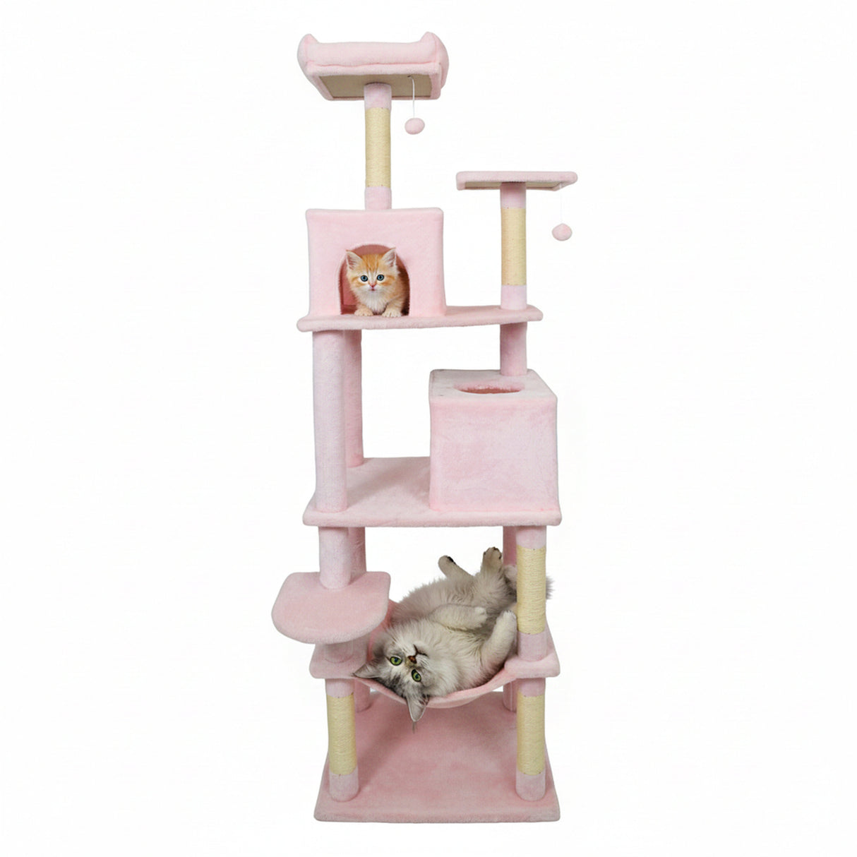Multi-level Cat Tree Modern Cat Tower with Upholstered Perch and 2 Cat Condo-Pink
