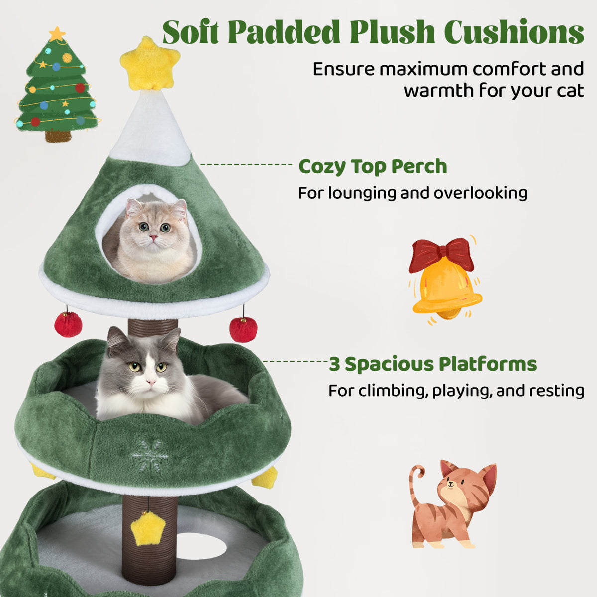 Multi-level Christmas Cat Tree with 3 Platforms & Upholstered Top Perch-Multicolor