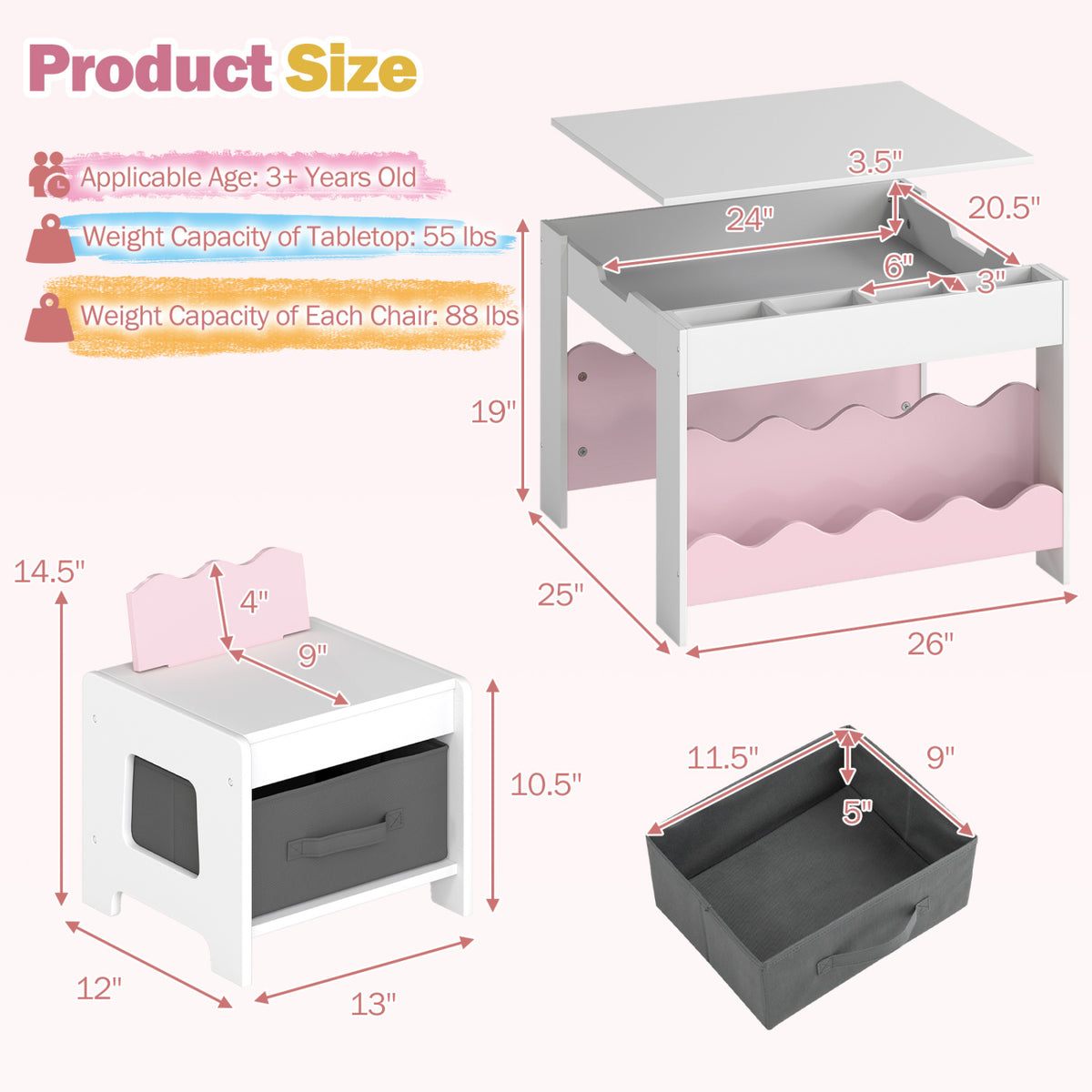 Multi-purpose Activity Kids Table and Chairs Set with Double-sided Tabletop-Pink