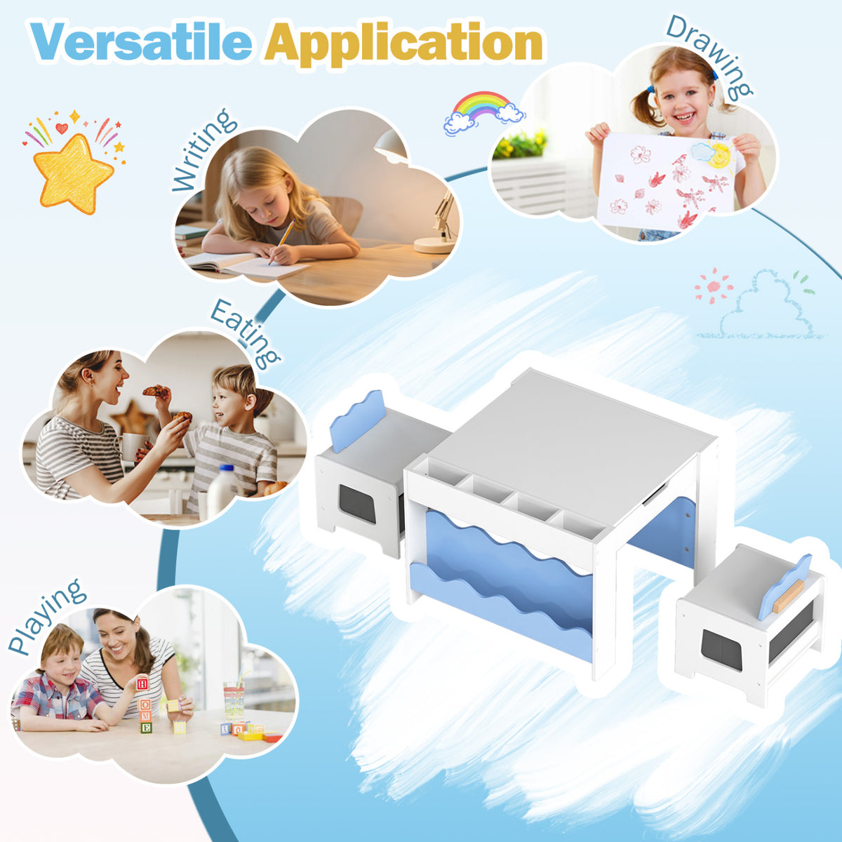Multi-purpose Activity Kids Table and Chairs Set with Double-sided Tabletop-Blue