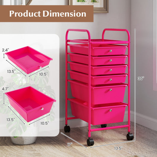 Multifunctional 6 Drawers Rolling Storage Cart Organizer-Rose Red
