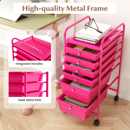Multifunctional 6 Drawers Rolling Storage Cart Organizer-Rose Red