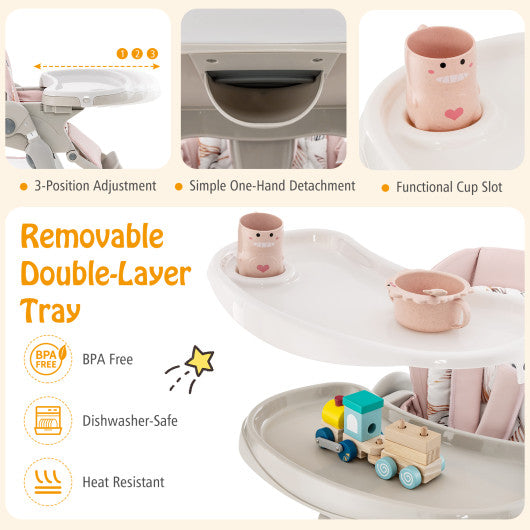 Multifunctional Folding Baby High Chair with Rolling Wheels and Adjustable Height-Pink