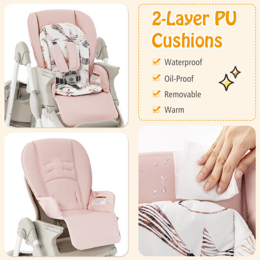Multifunctional Folding Baby High Chair with Rolling Wheels and Adjustable Height-Pink