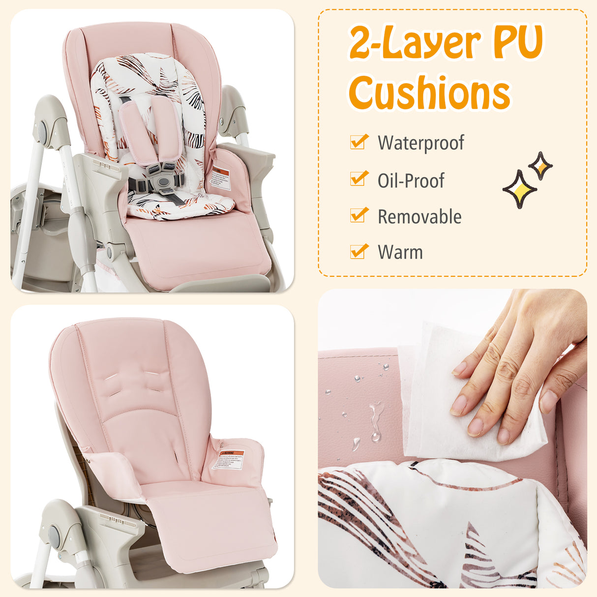 Multifunctional Folding Baby High Chair with Rolling Wheels and Adjustable Height-Pink