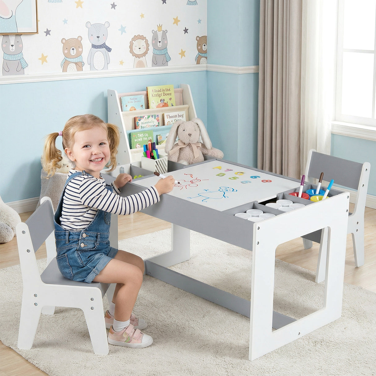 Multifunctional Kids Table and 2 Chairs Set with Chalkboard-Gray